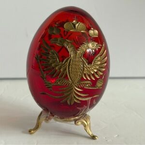 Vintage Red Glass Egg with Gold Etched Details Faberge Style